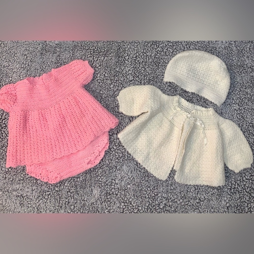 Crocheted baby outfits pink and ivory cardigan bonnet dress bottoms 0-6 months